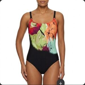 Christina Swimsuit Womens 12 Black Floral One Piece Tank Padded Lined Adjustable